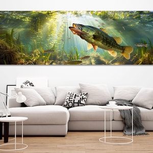 Colorful Underwater Wall Art, Largemouth Bass Canvas Print, Fishing Wall Art, Fishing Painting, Fisherman Gift, Framed and Ready to Hang