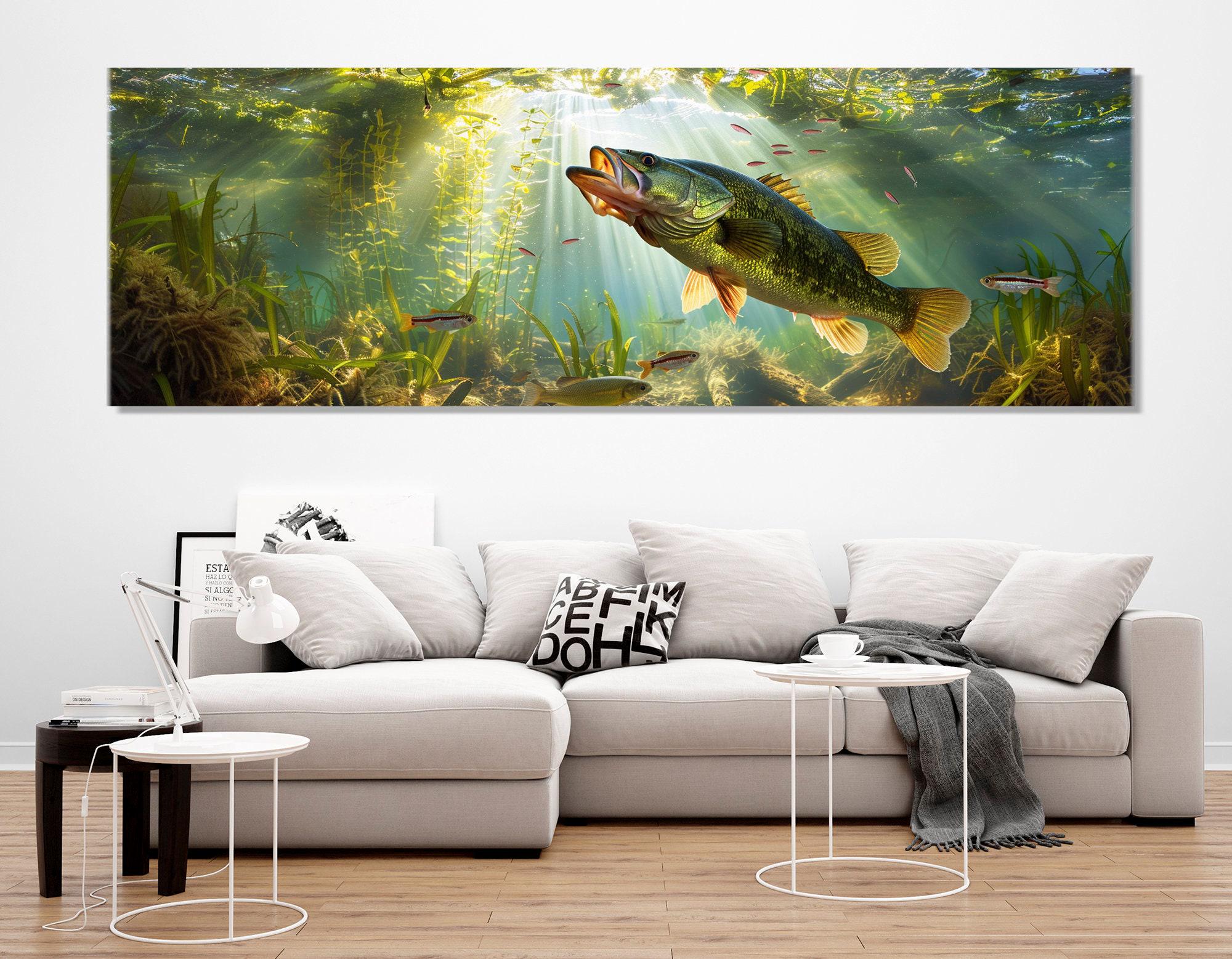 Colorful Underwater Wall Art, Largemouth Bass Canvas Print, Fishing Wall Art, Fishing Painting, Fisherman Gift, Framed and Ready to Hang