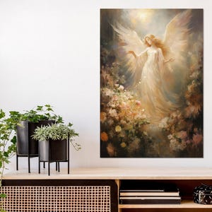 Beautiful Angel in Flowers Painting Canvas Print, Angel Wall Art, Angel Poster, Framed and Ready to Hang