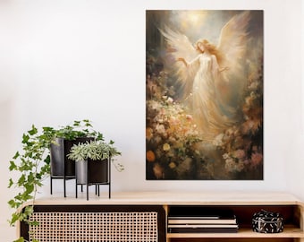 Beautiful Angel in Flowers Painting Canvas Print, Angel Wall Art, Angel Poster, Framed and Ready to Hang