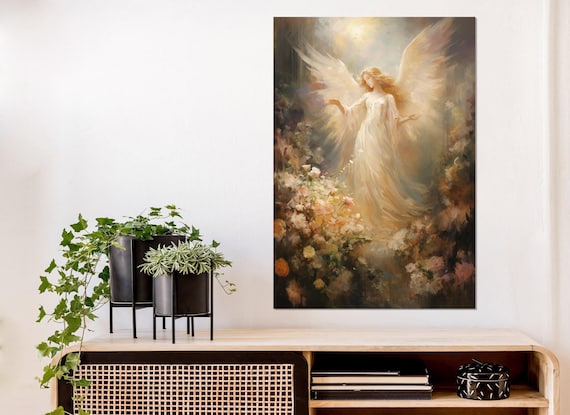 キャンバスプリント 天佛 絵画 額付き インテリア 美しい花の中の天使の絵画キャンバスプリント、天使の壁アート、天使の