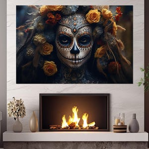 Beautiful Day of Dead Woman Canvas Print, Day of the Dead Wall Art, Day of the Dead Painting, Mexican Canvas Art, Framed and Ready to Hang