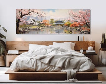 Soft Tones Japanese Landscape with Blooming Sakura Canvas Print, Framed and Ready to Hang