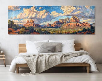 Peut inclure: Une peinture de paysage panoramique représentant une formation rocheuse rouge avec un ciel bleu et des nuages blancs moelleux. La peinture est encadrée et accrochée au mur au-dessus d'un lit avec une literie blanche et une couverture.