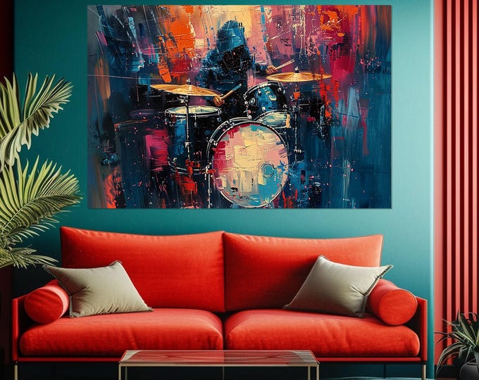 Abstract Drummer Painting Canvas Print, Drums Wall Art, Drumming Canvas Art, Drummer Gift, Rock Bar Decor, Framed and Ready to Hang