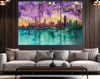 Abstract New York Painting Canvas Print, New York Skyline, Watercolor Manhattan Wall Art, New York Poster, Framed and Ready to Hang