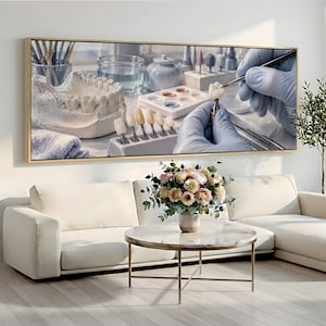 Dental Restoration Canvas Print, Ceramic Tooth Finishing with Fine Brush, Laboratory Wall Art