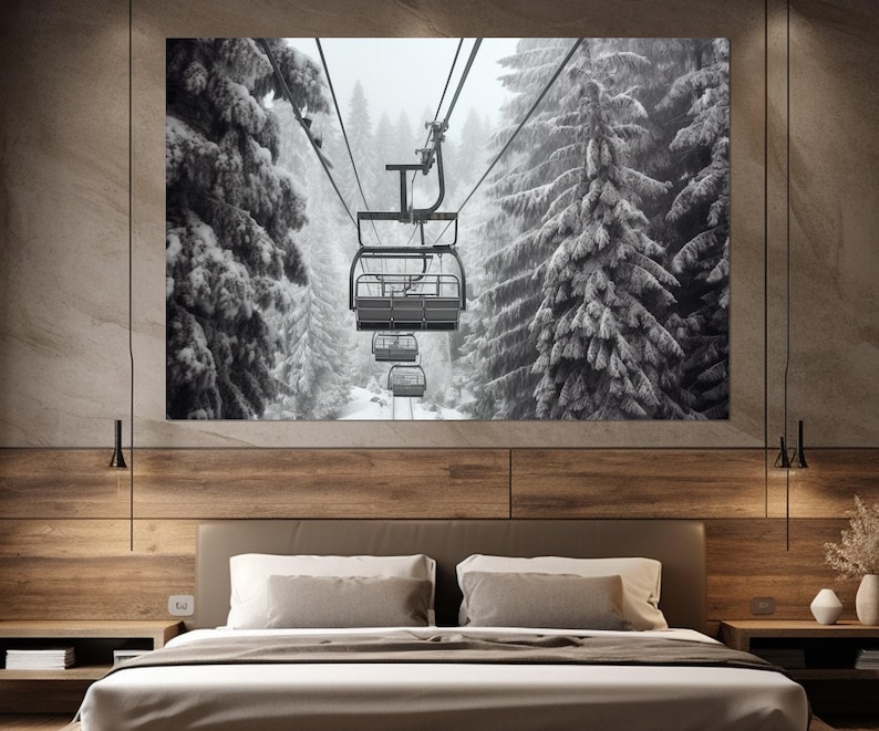 Impresión en lienzo de telesilla escénica, póster grande de telesilla, lienzo de teleférico de invierno, arte mural de invierno, regalo para esquiadores, enmarcado y listo para colgar. imagen 1