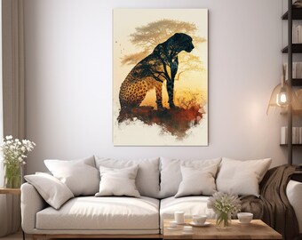 Gepard Silhouette Leinwanddruck, Tiere Wandkunst, gerahmt und fertig zum Aufhängen