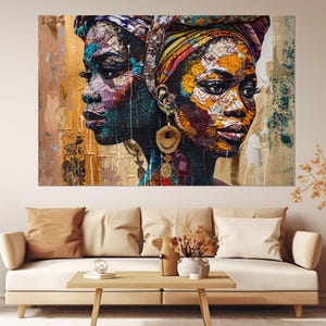 Stampa su tela di donne africane, dipinto astratto di donne africane, arte su tela di donne nere, dipinto di donne etniche vintage, incorniciato e pronto da appendere