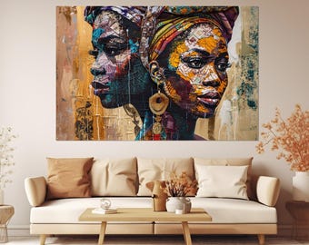 Impresión en lienzo de mujeres africanas, pintura abstracta de mujeres africanas, arte en lienzo de mujeres negras, pintura de mujer étnica vintage, enmarcada y lista para colgar