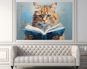 Cat Reading Book Abstract Painting Canvas Print, Kids Room Decor, Nursery Wall Art, Framed and Ready to Hang