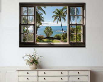 Open Window with Waikiki Beach View Painting Canvas Print, Window with Tropical View Canvas Art, Framed and Ready to Hang