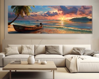 Beach Sunset Canvas Print, Old Fishing Boat Painting, Vintage Boat Wall Art, Tropical Sunset Canvas Art, Framed and Ready to Hang