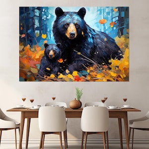 Black Bear with Little Bear Painting Canvas Print, Kids Room Decor, Nursery Wall Art, Bears Wall Art, Framed and Ready to Hang