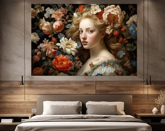 Beautiful Woman in Flowers Medieval Style Canvas Print, Medieval Wall Art, Botanical Painting, Floral Wall Decor, Medieval Canvas Print