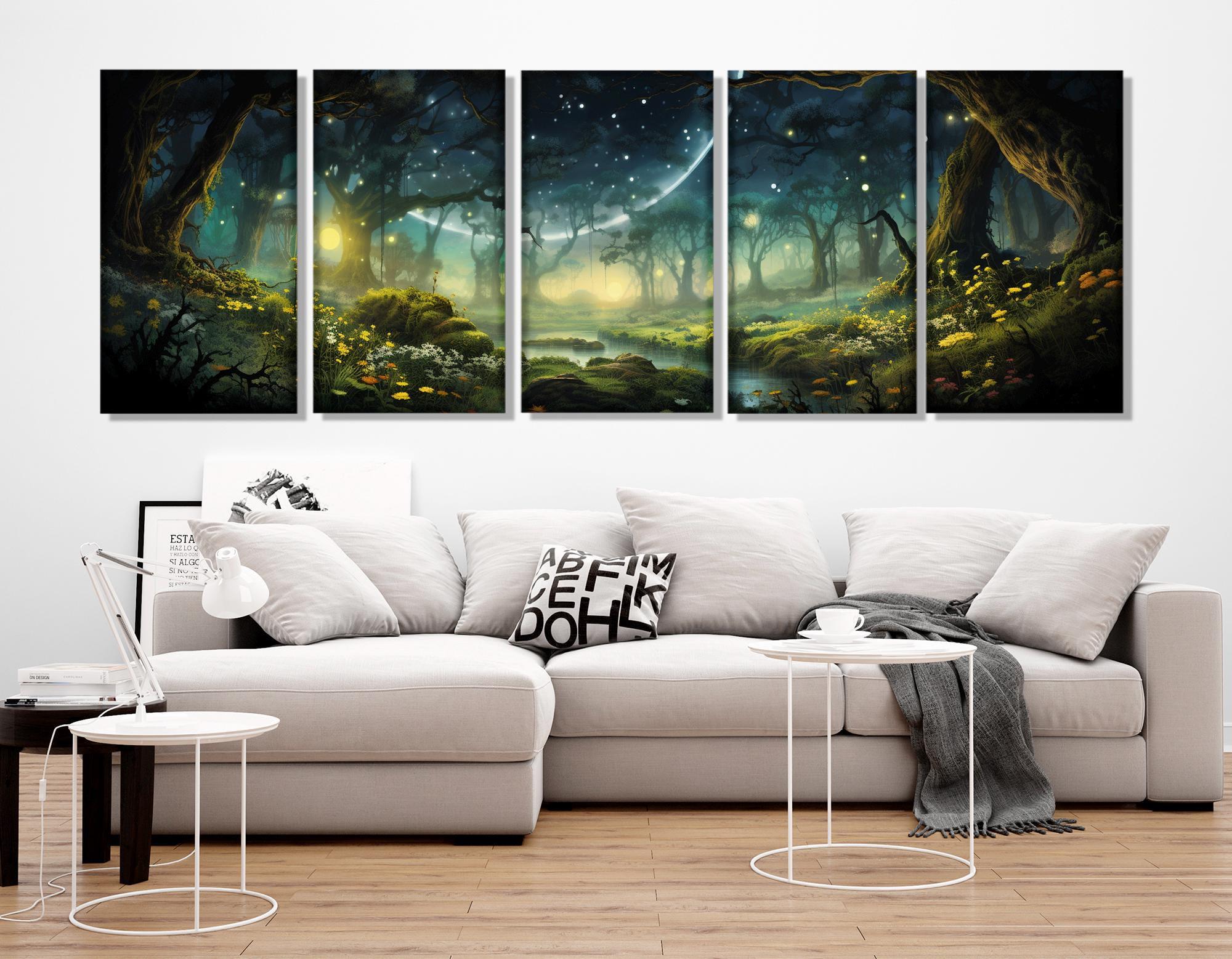 Fantasy Forest Painting Canvas Print, Fireflies in Forest Wall Art ...