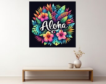 Arte en lienzo Aloha, impresión en lienzo con letrero colorido de Hawái, arte mural Aloha, arte mural hawaiano, póster Aloha, impresión de Hawái, enmarcado y listo para colgar.