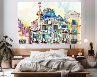 Casa Batlló en Barcelona por Antoni Gaudí Canvas Print, Barcelona Wall Art, Cartel de la Casa Dels Ossos, Arquitectura Gaudí, Arte mural de España