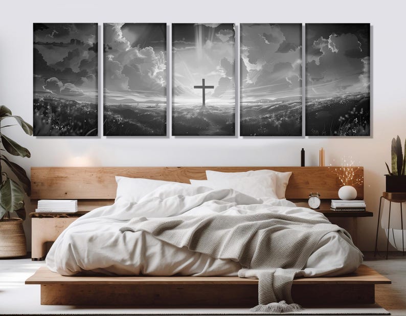 Arte de parede da Bíblia, O poder da cruz, impressão em tela, arte de parede religiosa em preto e branco, emoldurada e pronta para pendurar imagem 6