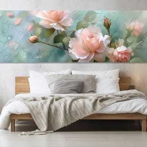 Impresión en lienzo de pintura impresionista de rosas, arte de pared de rosas en tonos suaves, estampado floral, decoración de pared para dormitorio, enmarcado y listo para colgar.