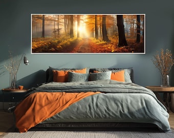 Fall Forest Path on Sunset Canvas Print, Autumn Forest Landscape, Framed & Ready to Hang
