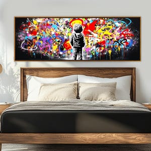 Abstract Little Boy Graffiti Canvas Print, Banksy Style Wall Art, Street Art Painting, Modern Urban Wall Decor, Framed and Ready to Hang