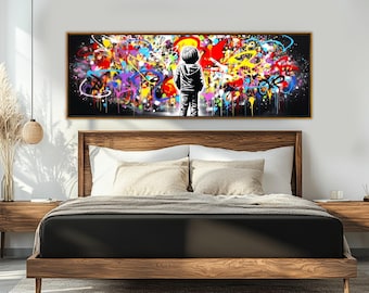 Abstract Little Boy Graffiti Canvas Print, Banksy Style Wall Art, Street Art Painting, Modern Urban Wall Decor, Framed and Ready to Hang