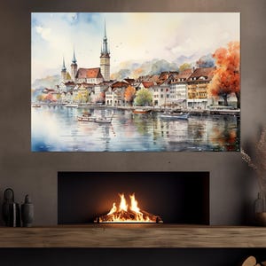 Impression abstraite sur toile de la vieille ville de Lucerne, peinture de la Suisse, art mural suisse, impression de la Suisse, affiche de Lucerne, prêt à accrocher