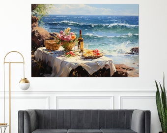 Impressionist Beach Painting Canvas Print, Romantic Wall Art, Romantic Gift, Framed and Ready to Hang