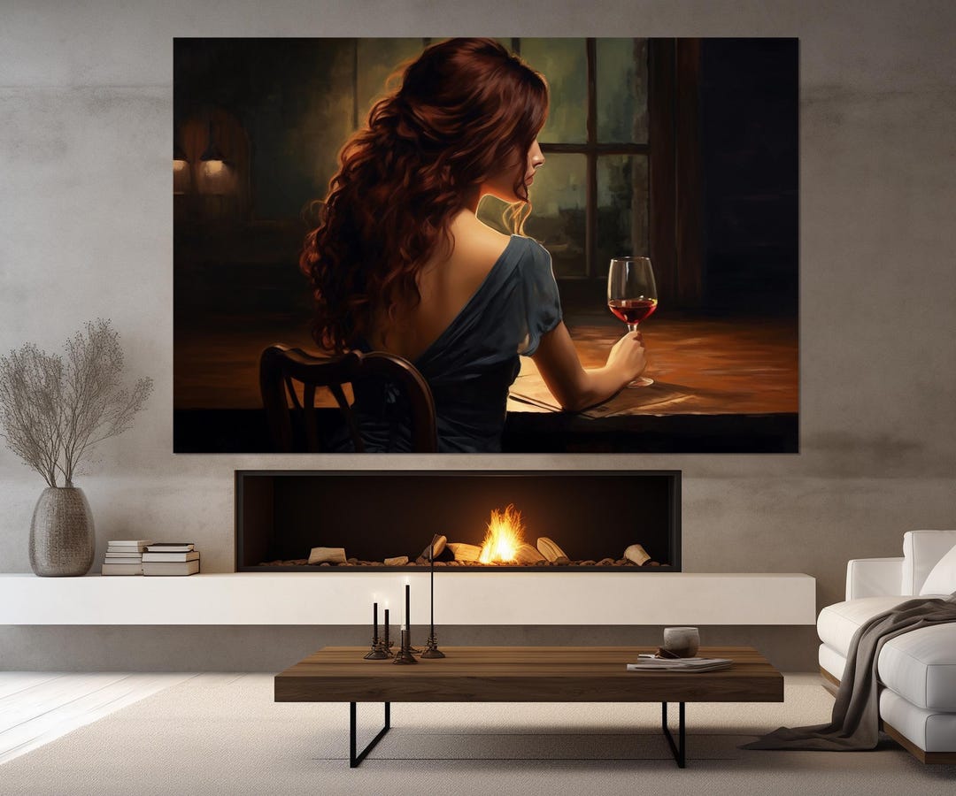 Beautiful Woman With Glass of Wine Painting Canvas Print, Vintage Wine ...
