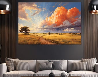 Impression sur toile de paysage naturel rustique, art mural automne doré, peinture de champ pittoresque, encadré et prêt à accrocher