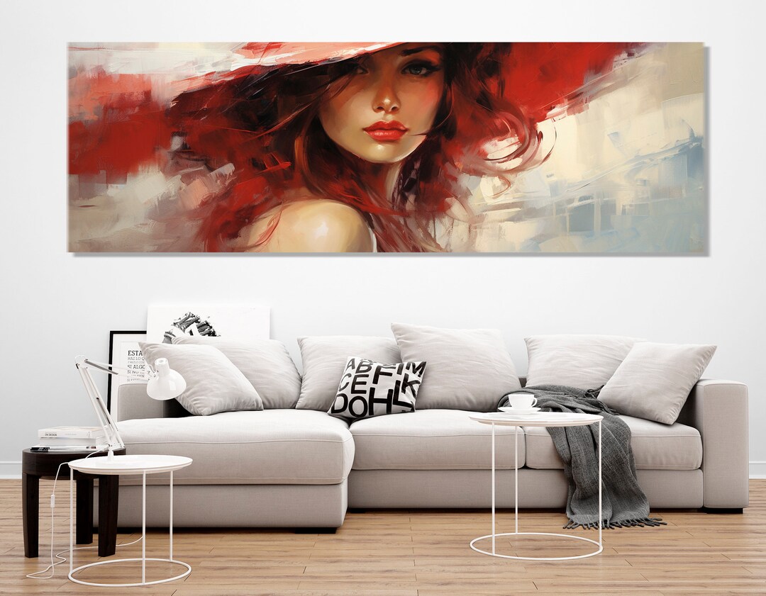 Large Abstract Wall Art, Woman in Red Hat Expressionist Painting Canvas ...