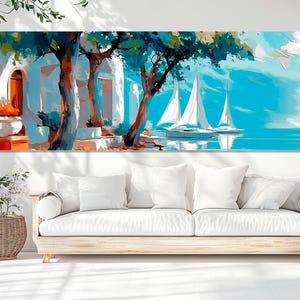 Beautiful Mediterranean Landscape Painting Canvas Print, Sailboats Canvas Wall Art, Scenic Seascape Poster, Framed & Ready to Hang