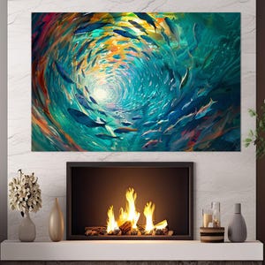 Fischschwarm Leinwanddruck, abstrakte Unterwasserwandkunst, Schwarm der Fische Malerei, buntes Unterwasserplakat, gerahmt und fertig zum Aufhängen