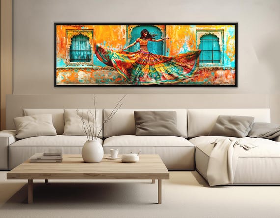 Beautiful Indian Woman Dancing Canvas Print, Colorful Rajasthan Painting, India Wall Art, Rajasthan Lady Canvas Art, India Wall Decor