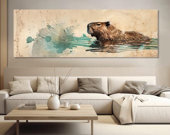 Capybara Schwimmen im See Gemälde Leinwand, große Capybara Wandkunst, moderne Kinderzimmer Wanddekoration, gerahmt und fertig zum Aufhängen