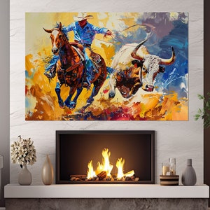 Abstract Cowboy on Horse Painting Canvas Print, Cowboy Wall Art, Farmhouse Wall Decor, Farmhouse Wall Art, Framed & Ready to Hang