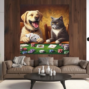 Peinture impression sur toile de cartes à jouer chien et chat, art mural poker, décoration de salle de poker, oeuvre d'art sur toile pour chambre d'enfant, cadeaux de poker, encadré et prêt à accrocher