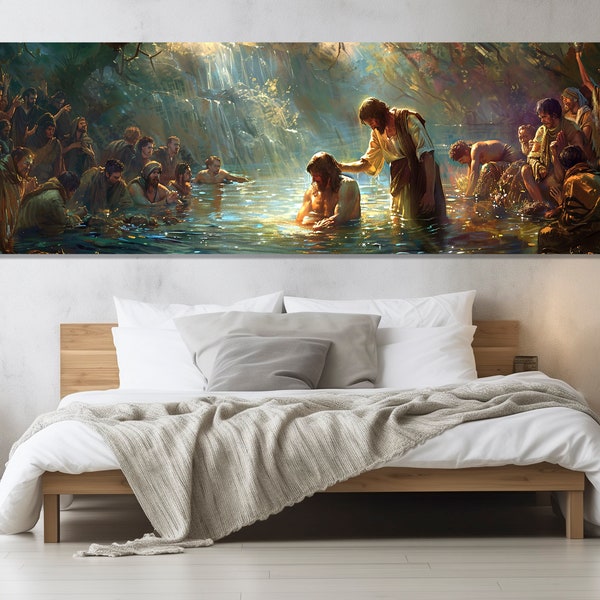 The Baptism of Jesus Painting Canvas Print, Jesus and John the Baptist in Jordan River, Religious Wall Art, Framed and Ready to Hang