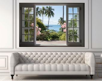 Canvasprint open raam met tropisch uitzicht, tropische canvaskunst, raam op palmen, ingelijst en klaar om op te hangen