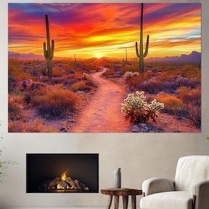 Scenic Sunset in Arizona Desert Canvas Print, Arizona Painting, Arizona Wall Art, Cactus in Sonoran Desert Wall Art, Framed & Ready to Hang