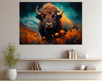 Bison Abstract Painting Canvas Print, Large Bison Wall Art, Bison Poster, Framed and Ready to Hang