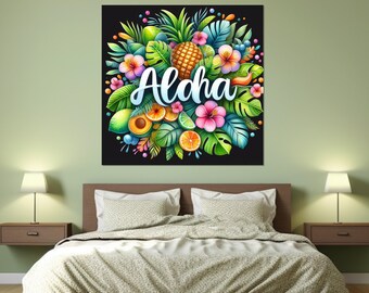 Arte en lienzo de Hawái, impresión colorida de Aloha, arte mural de Aloha, decoración de pared hawaiana, póster de Aloha, impresión de Hawái, enmarcada y lista para colgar.