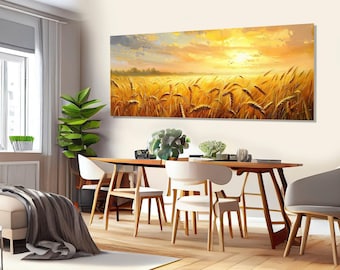 Gran panorama de campo de trigo, lienzo con pintura de trigo dorado, decoración rústica de pared, arte de pared de granja, regalo de granjero, enmarcado y listo para colgar.