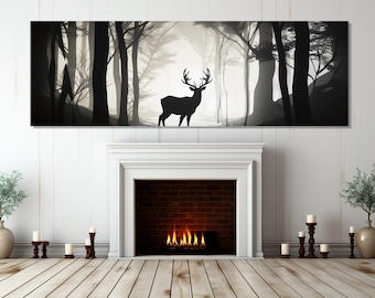 Impresión en lienzo de silueta de ciervo en el bosque, arte de pared minimalista de ciervo, enmarcado y listo para colgar.