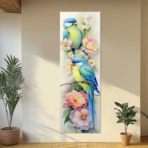 Uccelli colorati sul ramo di un albero con fiori, stampa su tela, poster di uccelli dai toni tenui, incorniciato e pronto da appendere