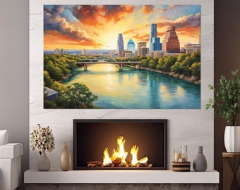 Abstrakt Austin Leinwanddruck, Austin Wandkunst, Austin Bridge, Austin Skyline, Austin Wanddekor, großer Austin Druck, gerahmt und fertig zum Aufhängen