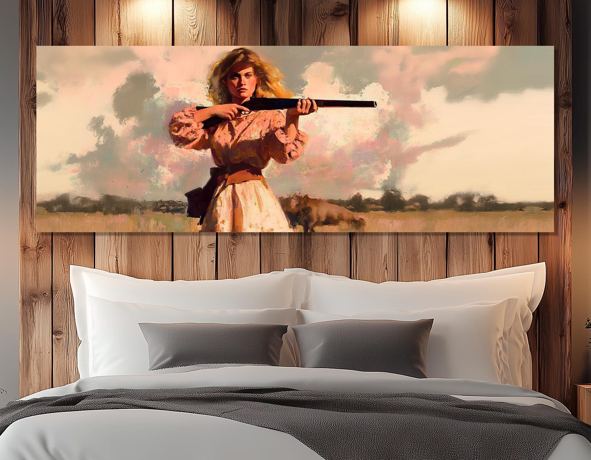 Woman With a Gun Retro Style Canvas Print, Retro Woman With Rifle