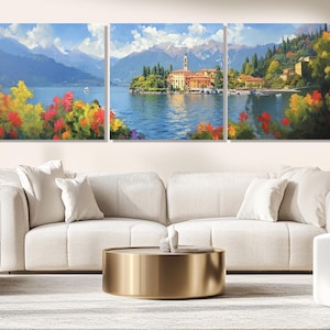 Stampa su tela con dipinto "Scenario autunnale del Lago di Como", opera d'arte autunnale in Italia, poster panoramico del Lago di Como, incorniciato e pronto da appendere.